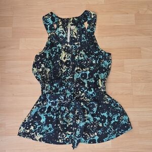 LC Lauren Conrad Navy Floral Print Blouse with Mint/Cream Accents Size L